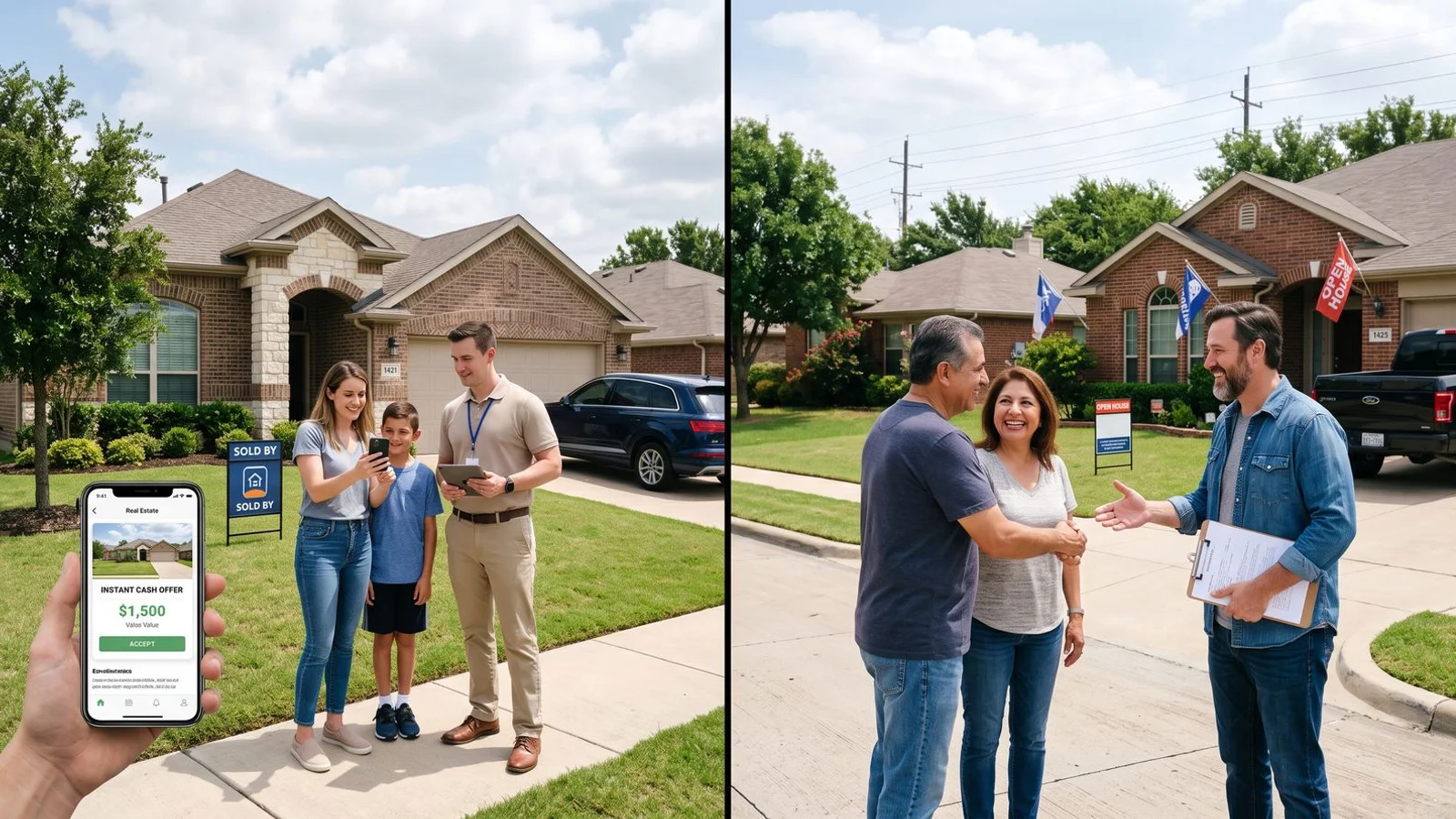 Split concept image: corporate iBuyer app vs local investor at a house, daylight