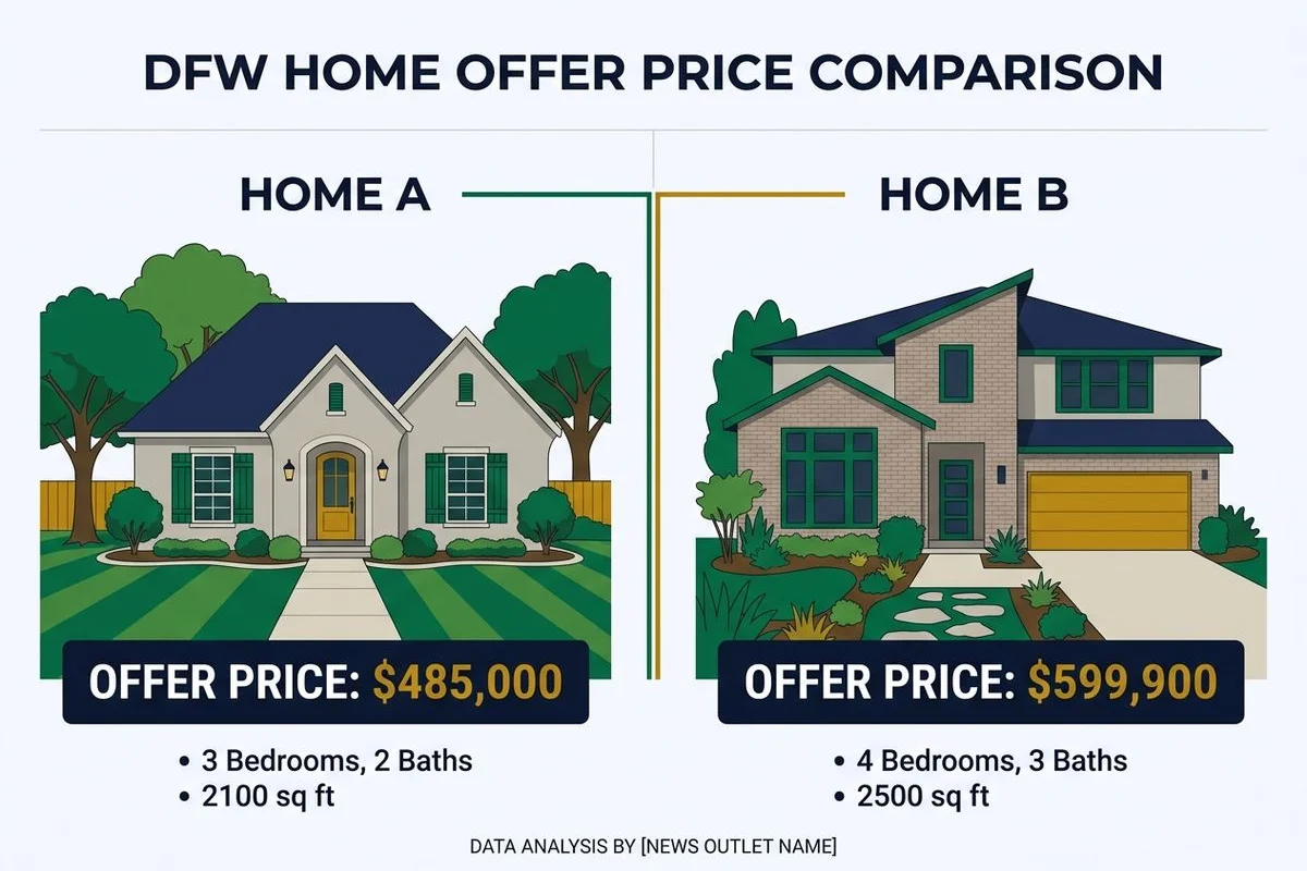 Two DFW homes side by side showing very different cash offers on comparable properties