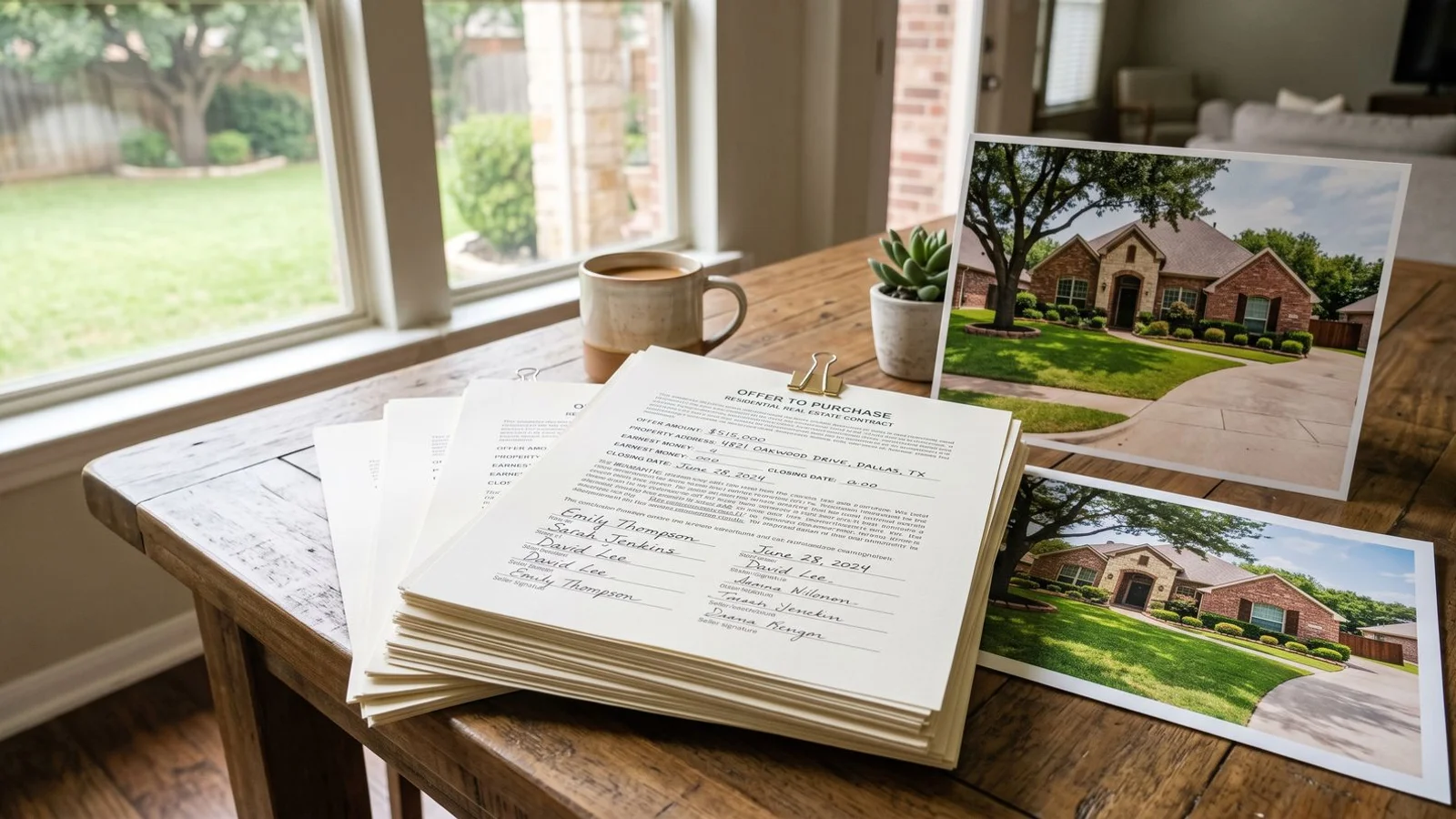 Stack of cash-offer letters beside a DFW home photo, editorial daylight