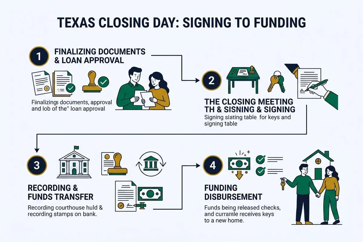 Step graphic of a Texas closing day from signing to funding, brand colors