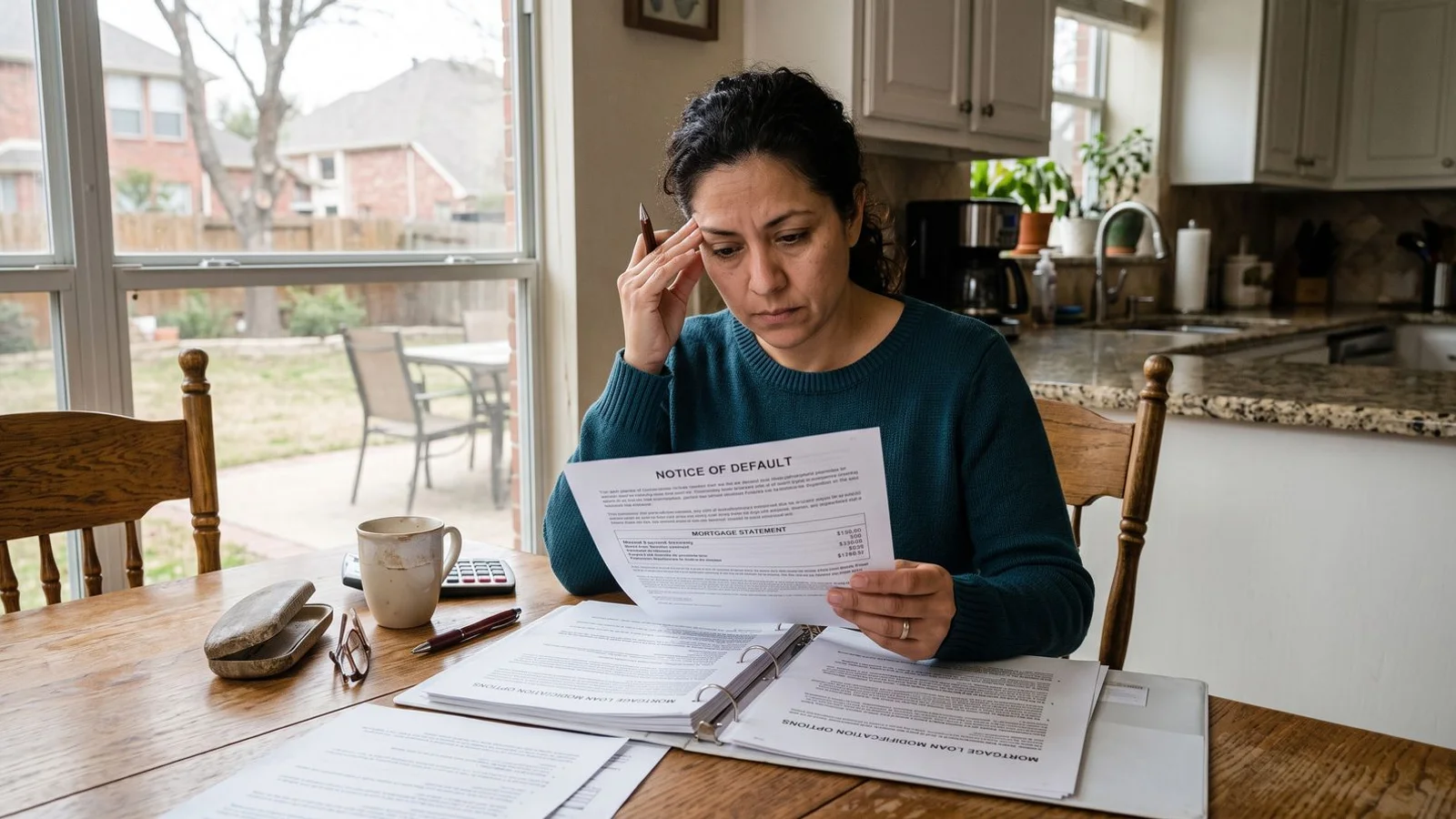 Texas homeowner reviewing mortgage default paperwork at a kitchen table, worried but focused, natural daylight