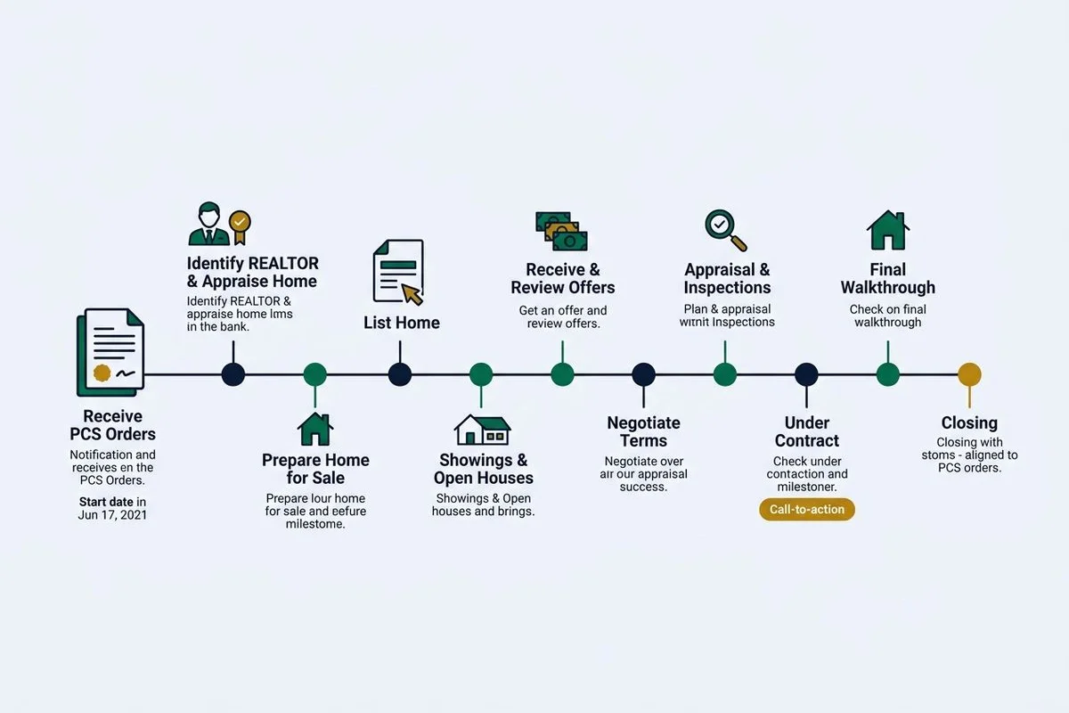 Timeline graphic aligned to PCS orders for a home sale, brand colors