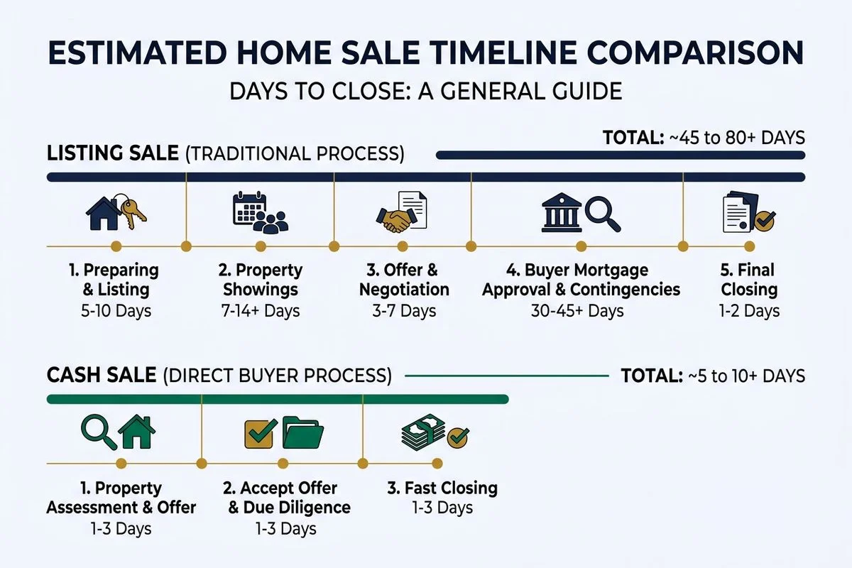 Timeline graphic comparing listing vs cash-sale duration, brand colors