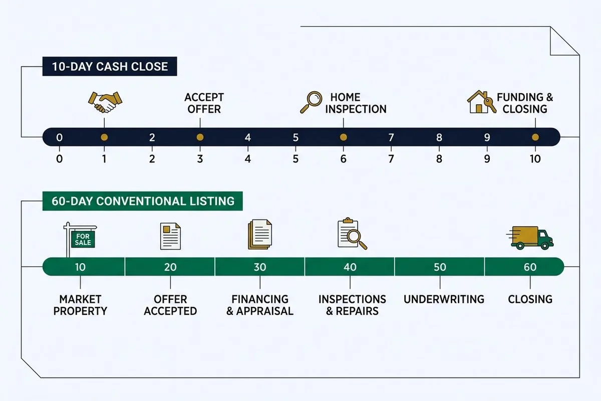 Timeline graphic contrasting a 10-day cash close with a 60-day listing, brand colors