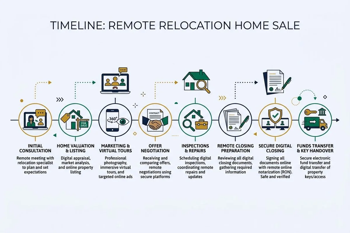 Timeline graphic of a relocation home sale with remote closing, brand colors