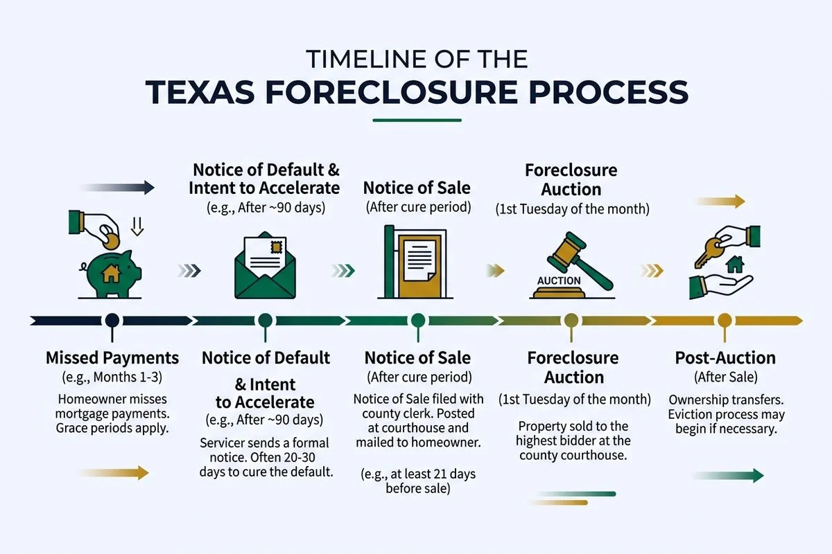 Timeline graphic of the Texas foreclosure process from missed payment to auction, brand colors