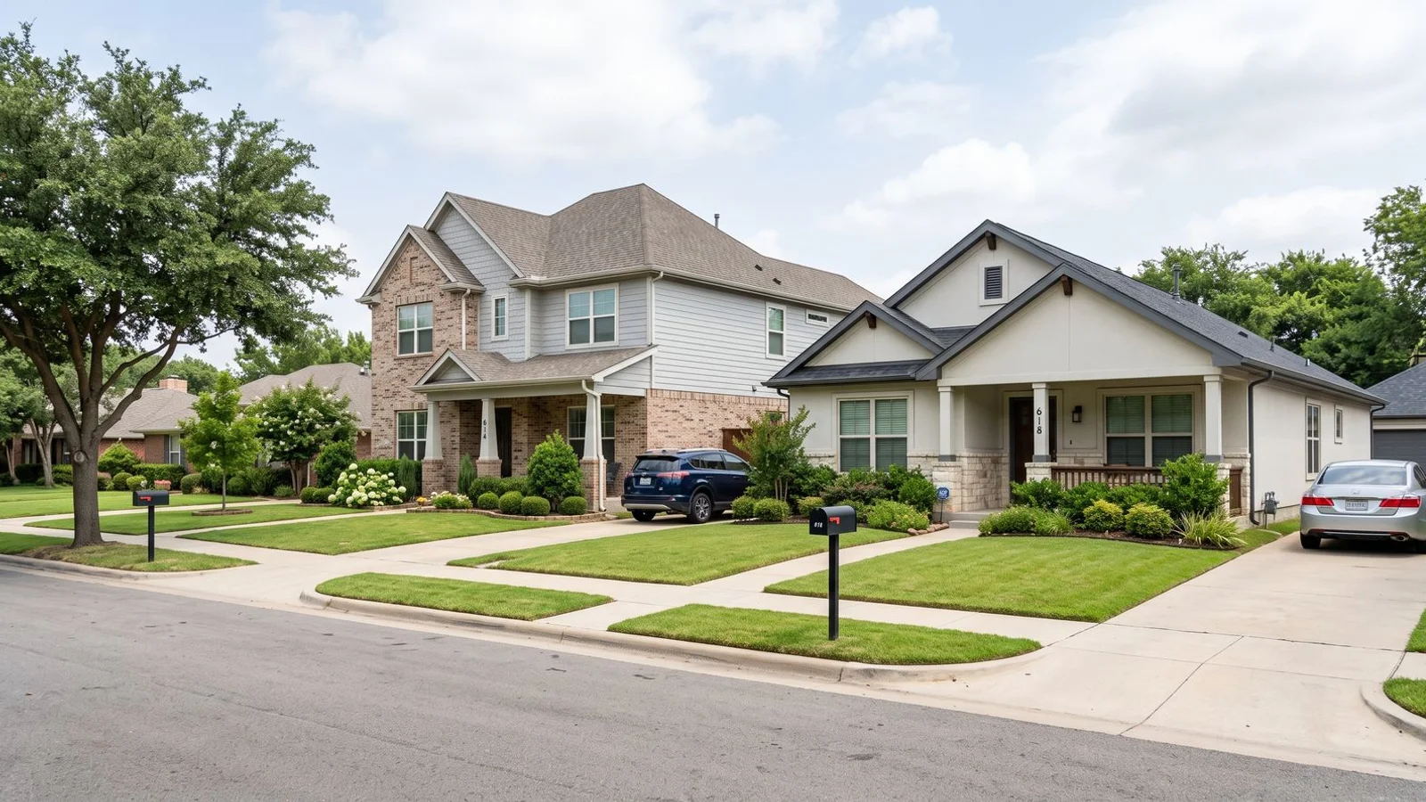 Two DFW homes side by side representing two iBuyers, clean editorial daylight