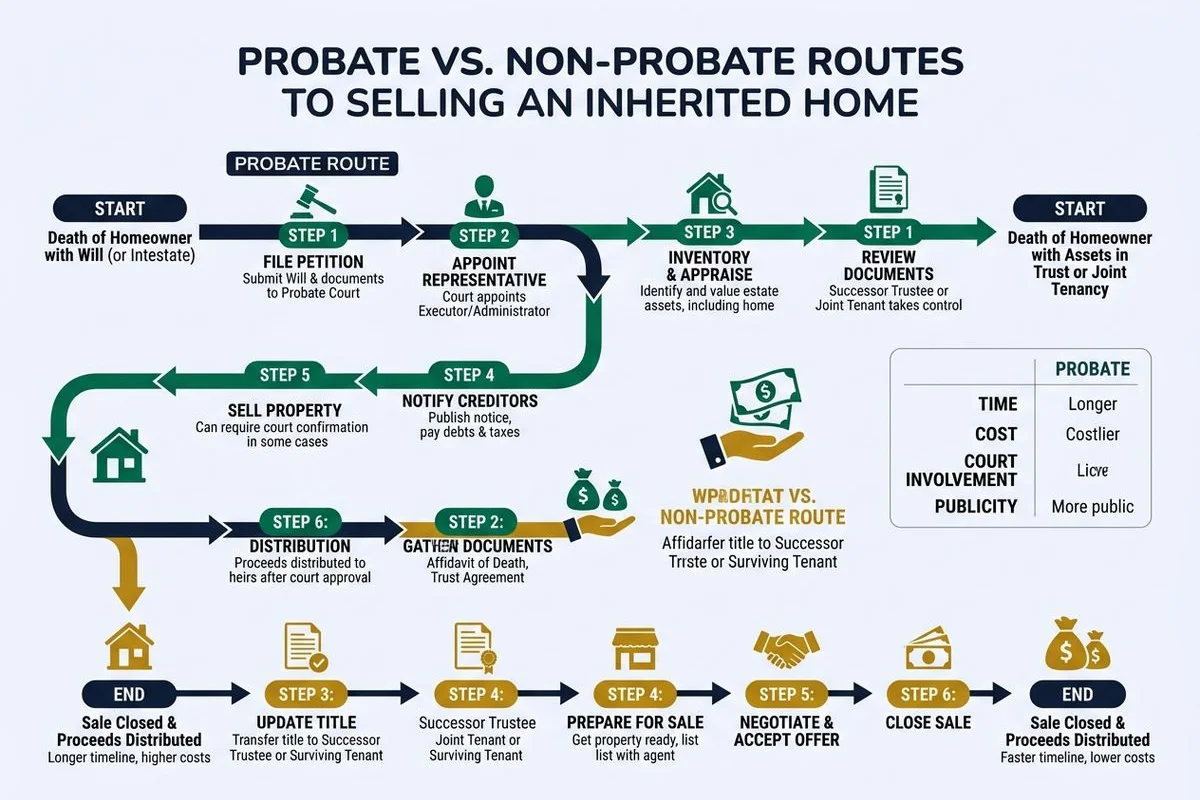 Two-path flow graphic: probate vs non-probate route to selling an inherited home, brand colors