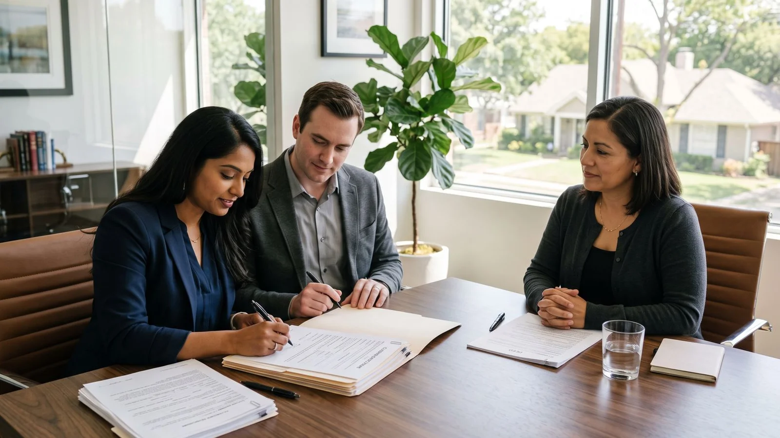 Two people signing paperwork with a neutral mediator, respectful tone, natural office light