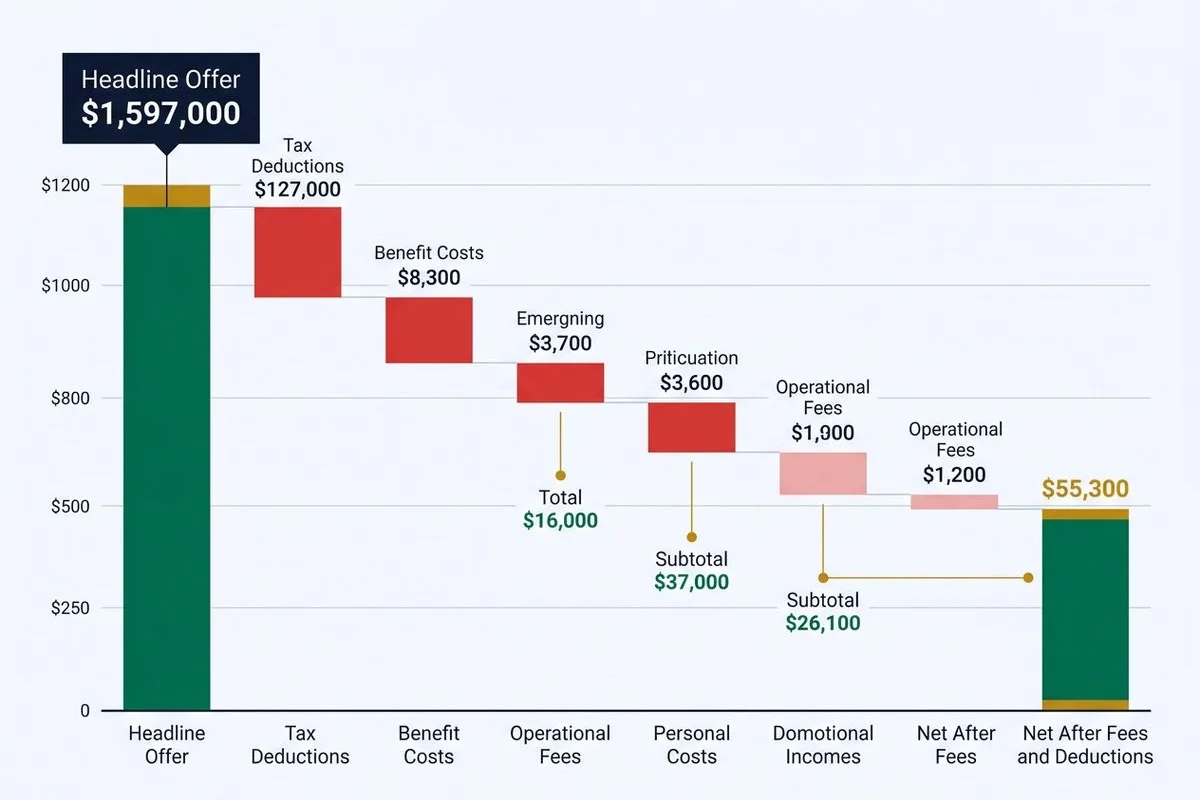 Waterfall graphic from headline offer down to net after fees and deductions, brand colors
