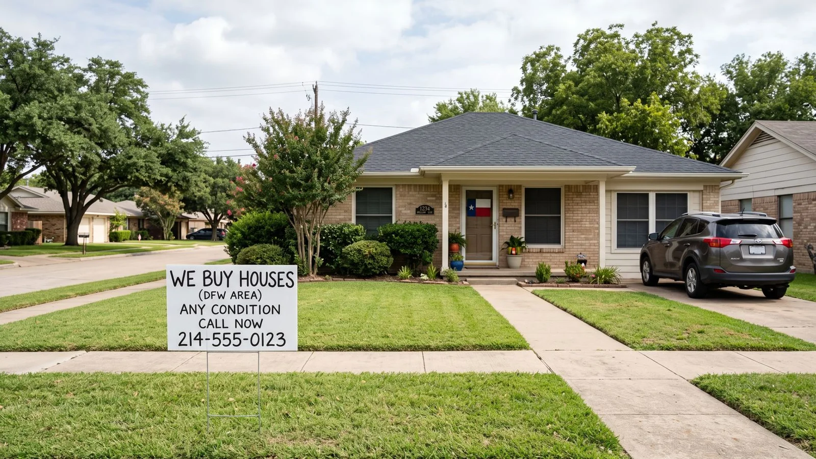 We-buy-houses yard sign near a DFW home, daylight, documentary style